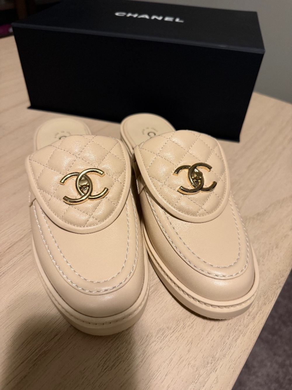 Chanel Lambskin Quilted CC Turnlock Mules 37.5 Light Beige
